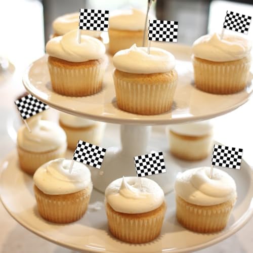 100 Pack Checkered Racing Flag Toothpicks - Checkered Flag Decorations for Cupcakes, Party Platters, Sports Themed Events