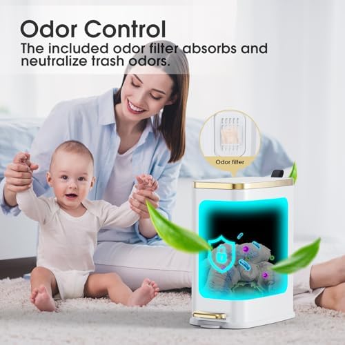 CEROELDA Small Bathroom Trash Can with Lid-5L/1.3 Gal-Soft Close Lid-White