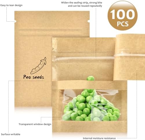 100 Pcs Small Resealable Seed Envelopes, Mini Kraft Bags with Window, 2.7"x3.5" Seed Packets Empty, Coffee Sample Bags, Food Spice Storage Bag
