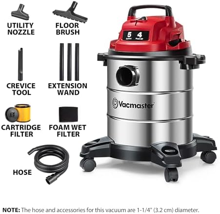 Vacmaster VOC508S 1101 5-Gal 4 Peak HP Stainless Steel Wet/Dry Vac Red