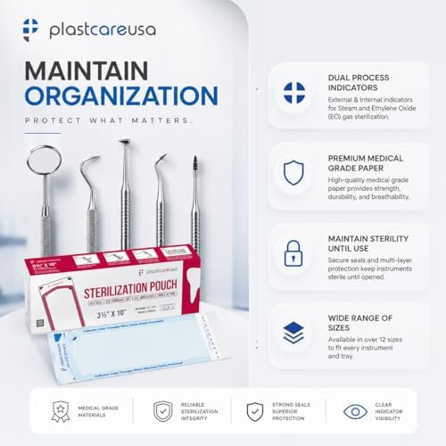 Self Sealing Sterilization Pouches 3.5" x 10" - Latex-Free, Color Changing Indicator (200 Count) by PlastCare USA