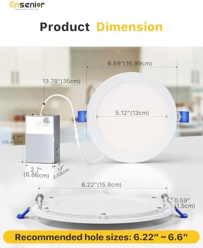 Ensenior 6 Pack 6 Inch LED Recessed Light, 5CCT Dimmable Canless Wafer