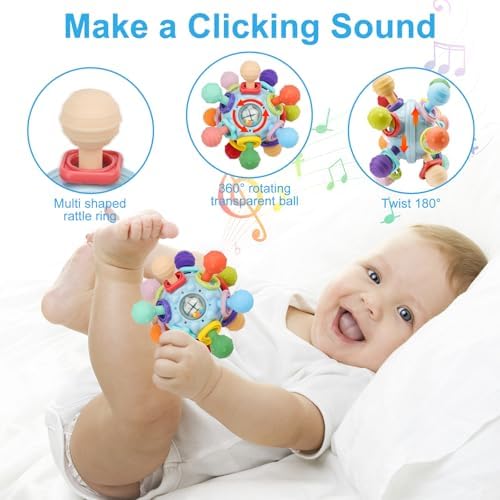 Baby Montessori Sensory Teething Toy 0-6 6-12 Months, Teether Ball & Rattle