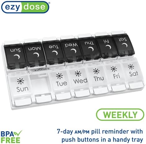 Ezy Dose Weekly (7-Day) AM/PM Pill Organizer, Large Planner, Black/White