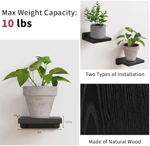Fixwal Small Floating Shelves for Wall Decor (5Inch, Wood, Black, Set of 4)