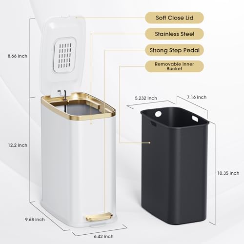 CEROELDA Small Bathroom Trash Can with Lid-5L/1.3 Gal-Soft Close Lid-White