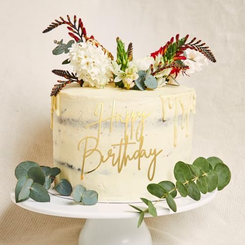 1PCS Gold Happy Birthday Cake Topper, Acrylic Happy Birthday Cake Sign Party Decorations Cupcake Toppers for Anniversary, Bridal Shower, Party Desserts Pastries Supplies​