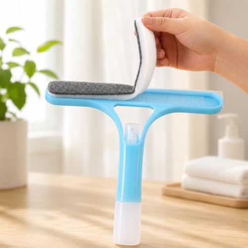 3-in-1 Window and Mirror Cleaner Tool, Bathroom Glass Scraper with Removable Washing Pad, Squeegee and Scrubber for Home Cleaning (Blue)