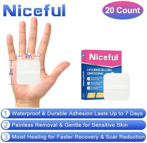 Niceful Hydrocolloid Bandages 2"x2" for Wound Care, 20 Count