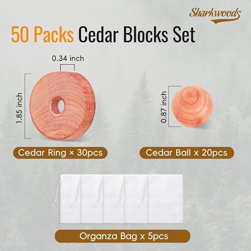 Cedar Blocks for Clothes Storage, 50 Pack, 30 Cedar Rings and 20 Balls
