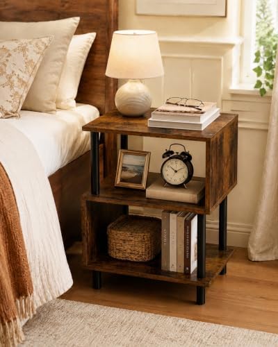 Frylr Side Table, Night Stand and End Table with Reinforced Metal Frame, 44 lb Capacity on Each Tier and Leveling Feet for Bedroom, Bedside, Living Room and Small Spaces, Rustic Brown