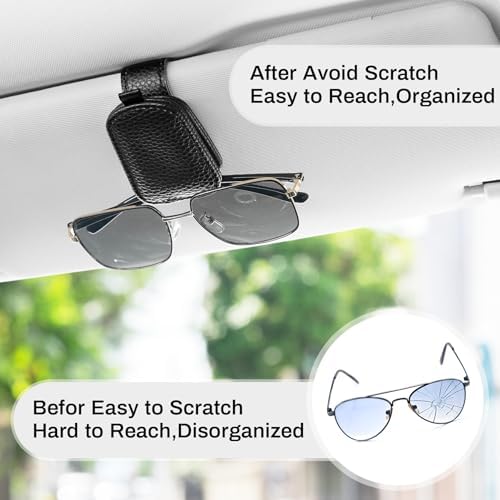 SINGARO 2PCS Sunglasses Holder for Car, Leather Magnetic Buckle Sun Visor Sunglass Clip, Ticket Card Storage Glasses Clip, Car Interior Accessories for Men and Women（Black）