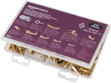 Amazon Basics Picture Hanging Hardware Assortment Kit, 220 Piece Set, Brass