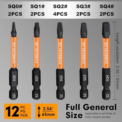 DYRECELVE 12-Pack Square Drive Bit Set, Magnetic Impact Screwdriver Bits