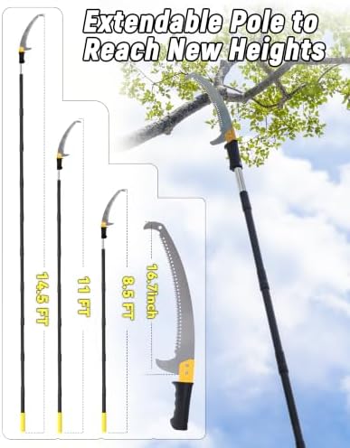 14.5FT Pole Saw with Adjustable Length for Tree Trimming, Lightweight Manual Pruning Saw with Mn Steel Blade, Long Extension Branch Cutter Pole Pruner for Yard, Garden, Patio & Forestry Use