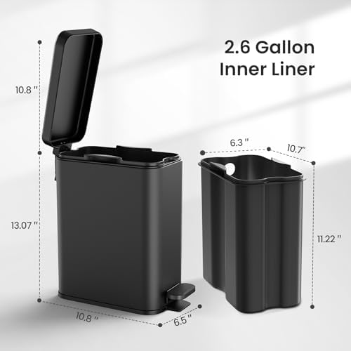Cesun 2.6 Gallons Small Bathroom Trash Can with Lid Soft Close, Black