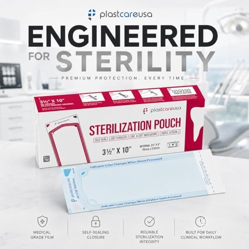 Self Sealing Sterilization Pouches 3.5" x 10" - Latex-Free, Color Changing Indicator (200 Count) by PlastCare USA