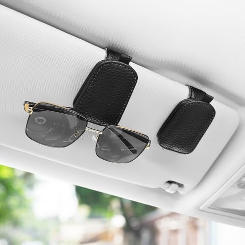 SINGARO 2PCS Sunglasses Holder for Car, Leather Magnetic Buckle Sun Visor Sunglass Clip, Ticket Card Storage Glasses Clip, Car Interior Accessories for Men and Women（Black）