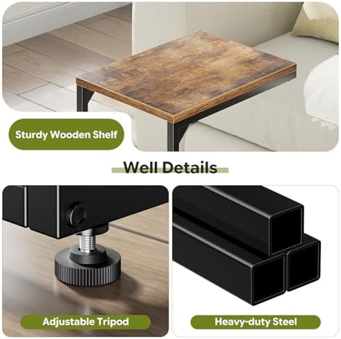 Simple Trending C Shaped End Table, TV Tray for Couch, Small Side Table with Metal Frame, for Living Room Bedroom, Rustic Brown