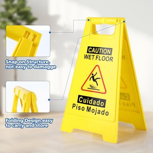 WOUSEDO 2-Pack Caution Wet Floor Sign,17.5" Height,Bright Yellow Double-Sided Folding A-Shaped Frame Design, Bilingual Caution Message