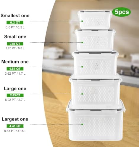 5 PCS Large Fruit storage Containers for Fridge ,Food Storage Containers