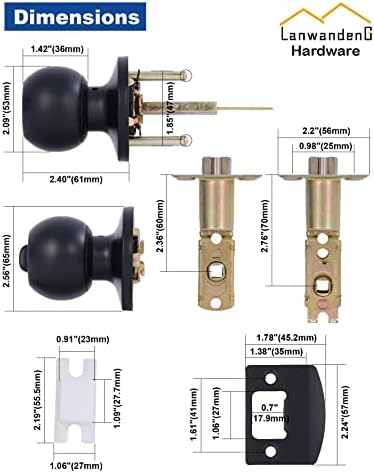 Lanwandeng Matte Black Door Knobs with Lock and Keys, Interior/Exterior Door Knob for Bedroom or Bathroom, Entry Door Lock