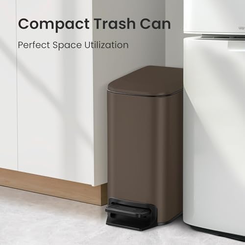 Cesun Small Bathroom Trash Can with Lid, 1.6 Gal, Soft Close, Brown