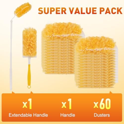 Heavy Duty Duster Refills, Disposable Dusters Kit for Cleaning Dusting Furniture Blind Ceiling Fan, Multi Surface 360 Feather Duster(60)+3FT Extended Handle +1 Handle