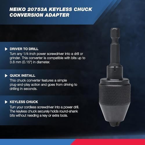 NEIKO 20753A Keyless Drill Chuck for Impact Driver, Chuck Conversion Adapter, 1/4” Hex Shank, Convert Cordless Screwdrivers into Power Drills in Seconds, For Round-Shank Drill Bits, No Keys Needed