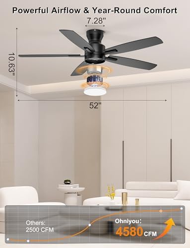 Ohniyou 52'' Low Profile Ceiling Fan with Lights, Remote/APP Control, Black