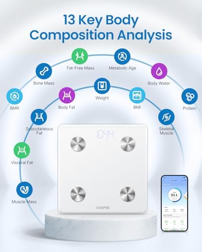 RENPHO Smart Scale, BMI & Body Fat, Bluetooth, 13 Metrics, White, Elis 1