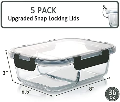 M MCIRCO 5 Pack,36 oz, 2 Compartments Glass Meal Prep Containers with Lids