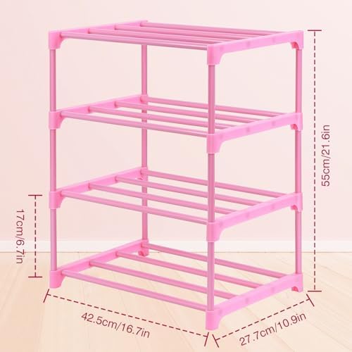 HITHIM 4-Tier Free Standing Pink Shoe Racks, Lightweight Stackable Shelf