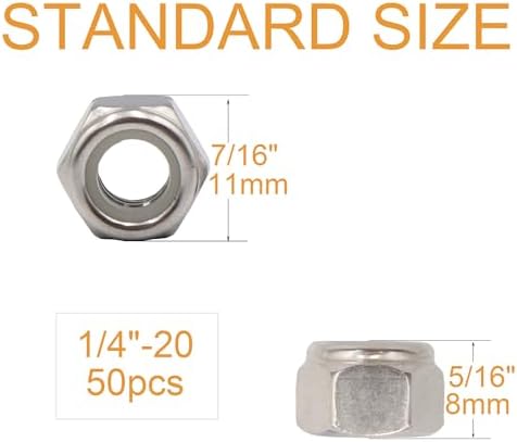50pcs 1/4-20 Inch Nylon Inserted Self Locking Nuts - 304 Stainless Steel, 1/4" Nylock Nuts for Furniture, Tools, Handle