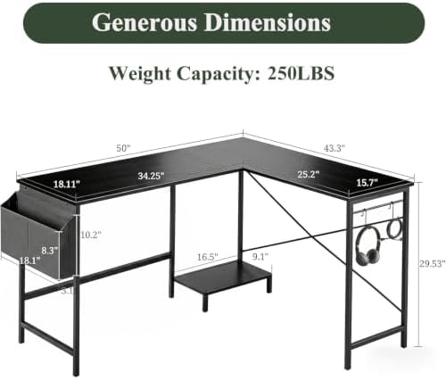 L Shaped Desk, 50 Inch Reversible Computer Desk with CPU Stand