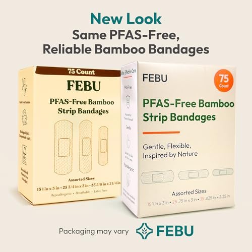 FEBU PFAS Free Bamboo Fabric Bandages, 75 Count Strip