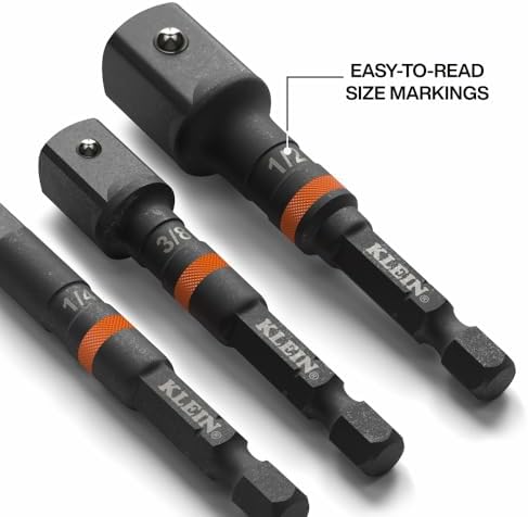Klein Tools 65030A 3-Piece Impact Driver Socket Adapter Set, 3-Inch Quick-Connect Extensions, Knurled Grip, High-Visibility, 1/4, 3/8, and 1/2-Inch Square Drive Adapters