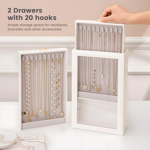 Lolalet Necklace Organizer Box, Jewelry Display Case, White, 2 Layers