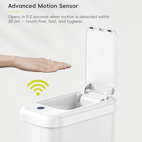 EKO Automatic Bathroom Trash Can with Lid, 2.6 Gallon Slim Touchless Garbage Can, Waterproof Motion Sensor Trash Bin for Bathroom, Office, Kitchen, White