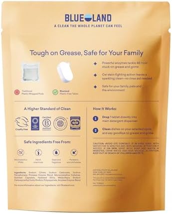 BLUELAND 100% Plastic-Free Dishwasher Detergent Tablets, 60ct, Free & Clear