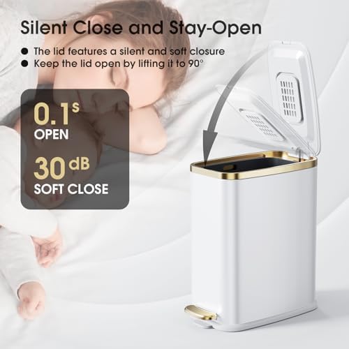 CEROELDA Small Bathroom Trash Can with Lid-5L/1.3 Gal-Soft Close Lid-White