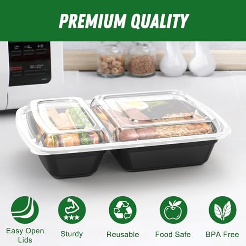 Dealusy 50 Pack 28 oz Meal Prep Containers with Lids 2-Compartment, Black