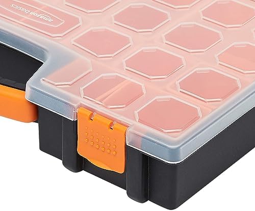 Amazon Basics 19-Removable Compartment Small Parts Organizer, Portable Hardware Storage Box with Customizable Compartments, Black, Orange, 16.5 x 13.2 x 2.4 inches