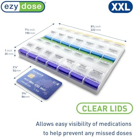 Ezy Dose Push Button Weekly 7-Day, 4X/Day Pill Organizer, Multi-Color, 2XL