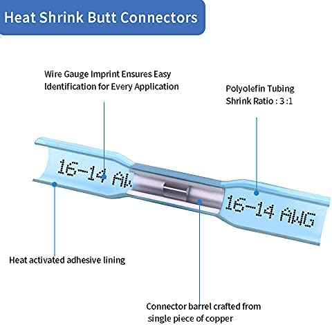 Heat Shrink Butt Connectors, 16-14 AWG 100Pcs Blue Waterproof Electrical Crimp Wire Splice for Marine, Cable, Wiring