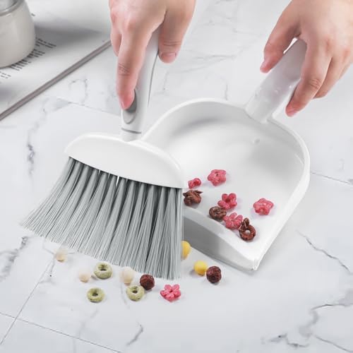 NACENA Small Dust Pan and Brush Set, Mini Broom and Dustpan Set, White&Gray