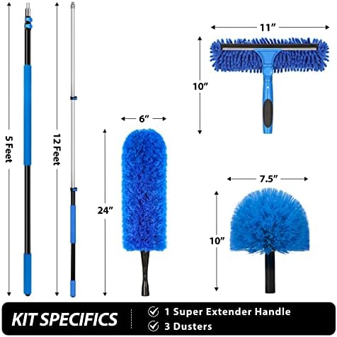 20 Feet High Reach Duster Kit with 5-12 Ft Extension Pole, Cobweb Duster with Telescoping Pole, Window Squeegee with Scrubber, Spider Web Brush, High Ceiling Fan Duster for High Window, Interior Roof