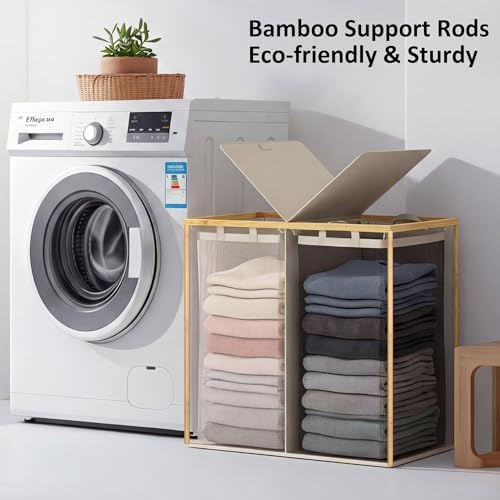 efluky Double Laundry Hamper with Lid and 2 Removable Bags, Beige