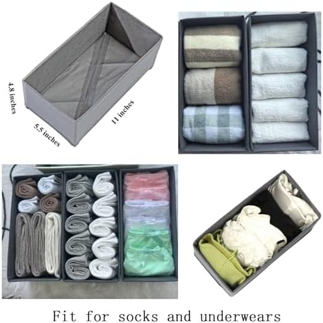 Bructhun Sock Drawer Organizer 3 Pack - Collapsible Fabric Storage Bins for Underwear Divider, Small Closet Organizers with 3 Compartments, Gray