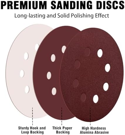 52 Pack 5 Inch 8-Hole Hook and Loop Sanding Discs Sandpaper Red Round 60 80 120 220 320 Mixed Grits Sandpaper for Random Orbital Sander